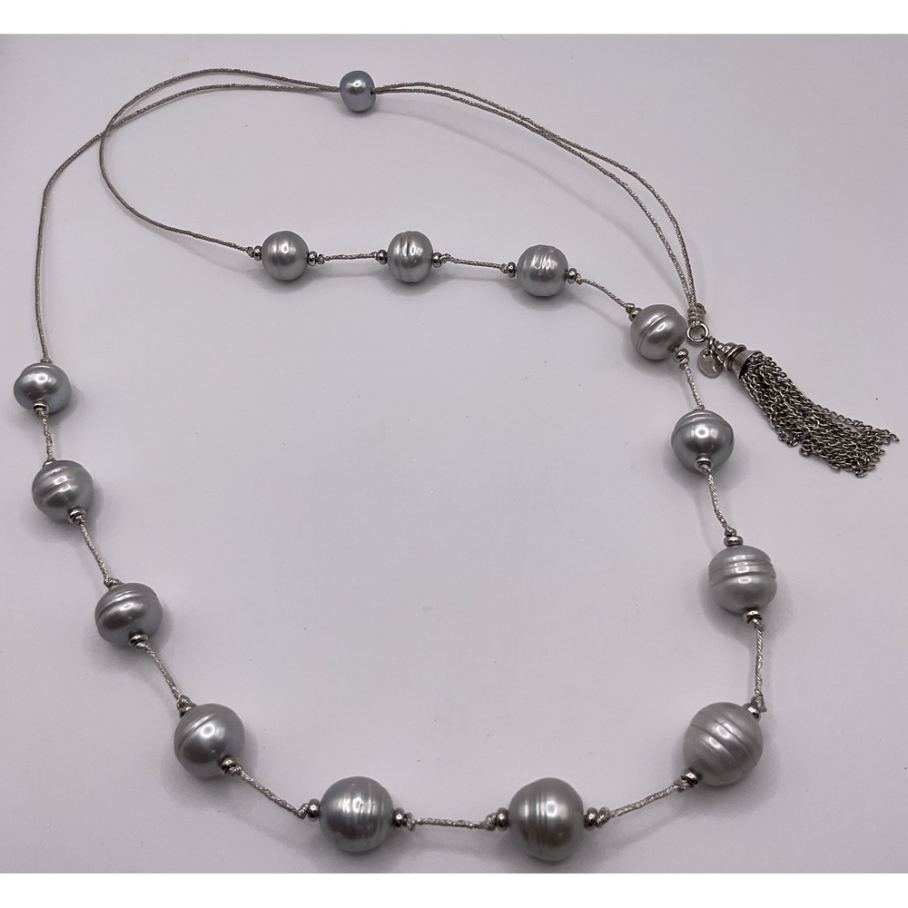 LUC Circle Baroque Pearl Necklace Sterling Silver Tassel Adjustable Slide 38"